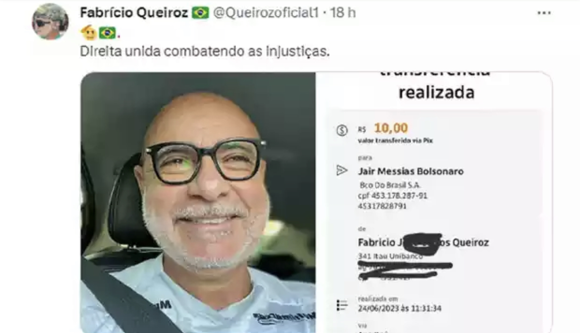 Ex-assessor de Flávio Bolsonaro, Fabrício Queiroz faz transferência de R$10 para Jair Bolsonaro