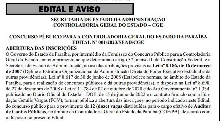 Governo da PB lança edital para concurso de auditor de contas públicas com 12 vagas e salários de R$ 13,5 mil; confira