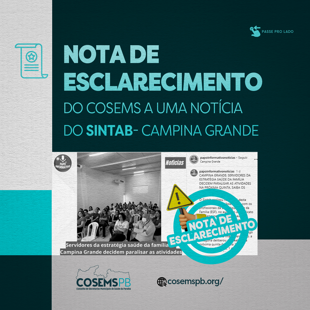 COSEMS-PB emite Nota de Esclarecimento em resposta à notícia do SINTAB de Campina Grande